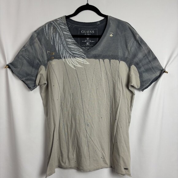 Guess XL Cotton Short Sleeve V Neck Graphic Abstract Paint Floral Tee T Shirt - Picture 1 of 13